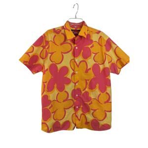 M668) Mambo Pink Orange Floral Print Button Down Hawaiian Cotton Shirt Large